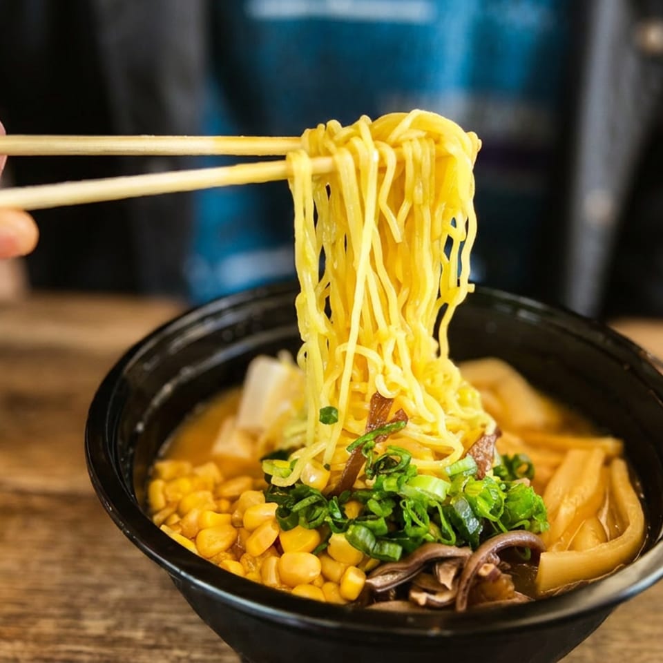 Chopsticks lifting yellow ramen noodles from a black bowl filled with corn and green onions.